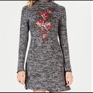 Ultra Flirt Rose Printed Gray Knit A-Line Dress